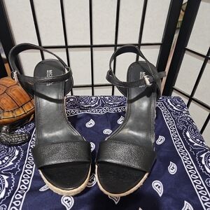 NEW Michael Kors 8.5 Black Leather Espadrilles With 4" Heels